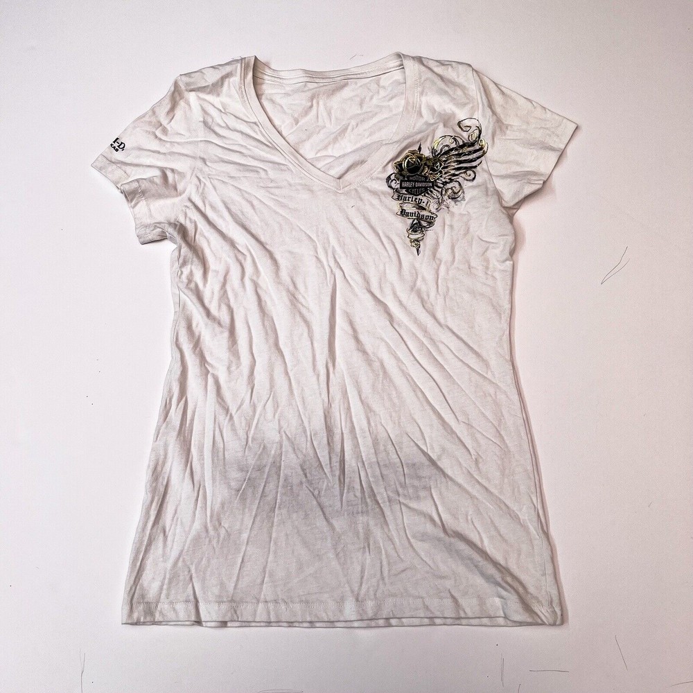 Harley Davidson Womens Short Sleeve Shirt White Rose Wings Barnett El Paso Texas